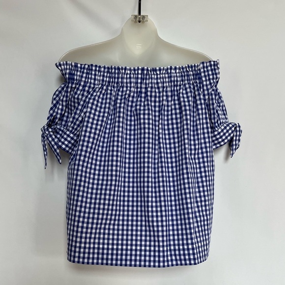 J. Crew Off the Shoulder Gingham Blue White Top Blouse Size 6 - Picture 12 of 15